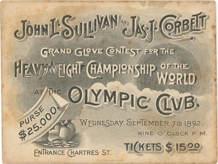 1892 John L. Sullivan vs. James J. Corbett Full Fight Ticket